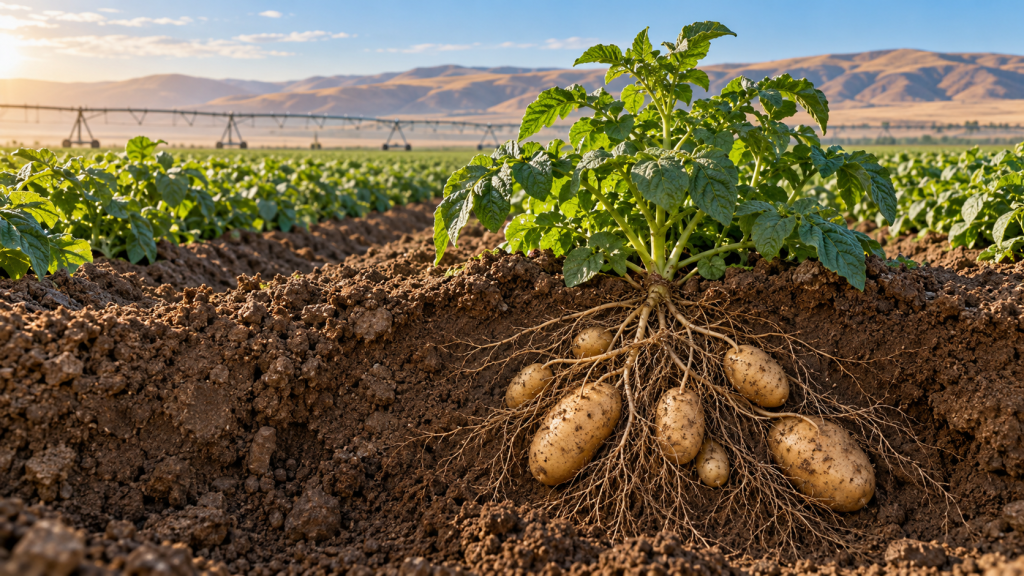 Conceptual soil cutaway showing potatoes beneath a green potato plant, with irrigated fields and dry Washington hills behind it.